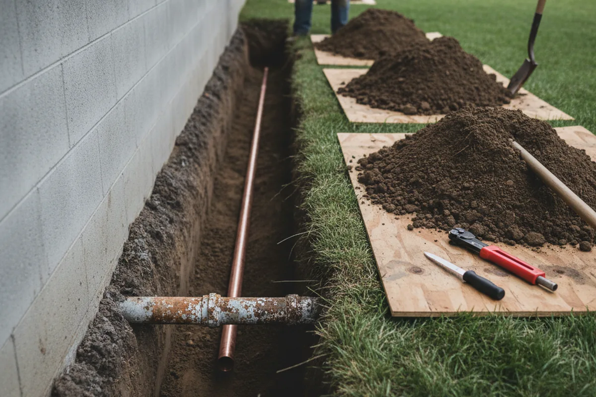 Excavated water line trench during Water Softener Installation in Branchdale